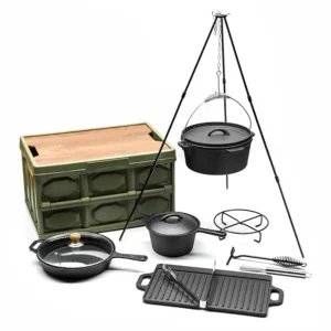 8 Piece cast iron dutch oven camping set.