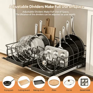 Adjustable Pull out Cabinet Storage Organizer Sliding Pot Lid Pan Rack for Kitchen