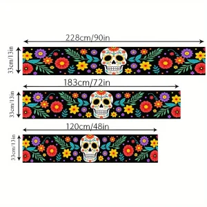 Colorful Floral Skull Linen Table Runner